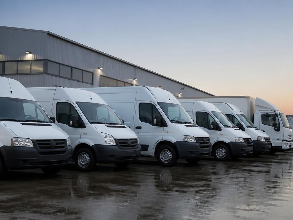 Frota de veículos de trabalho estacionada no pátio da empresa